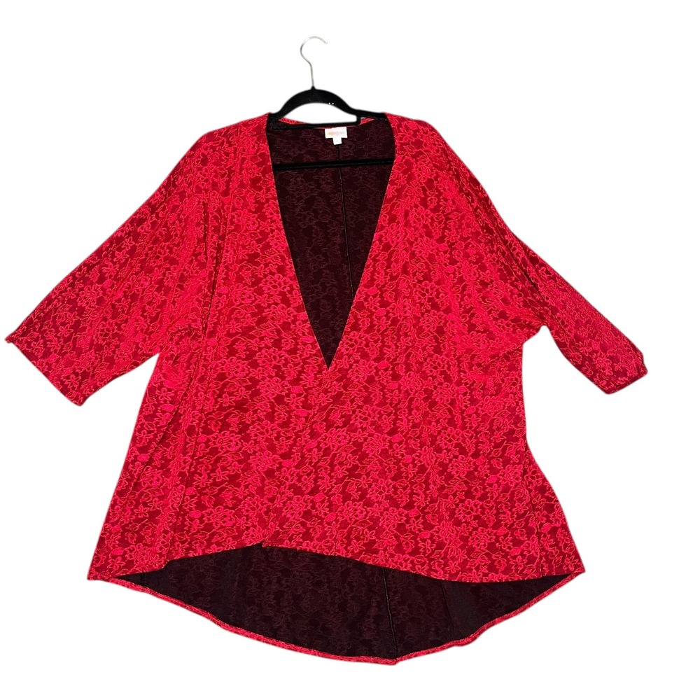LulaRoe Cardigan Red Floral Lace Open Front Black Lined Whimsigoth Witchy Size L